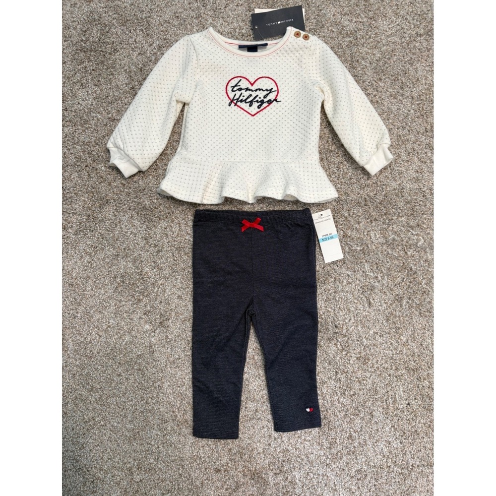 Tommy Hilfiger 2 Piece Set Girls 6-9M White Navy Polka Dot Peplum Heart Logo